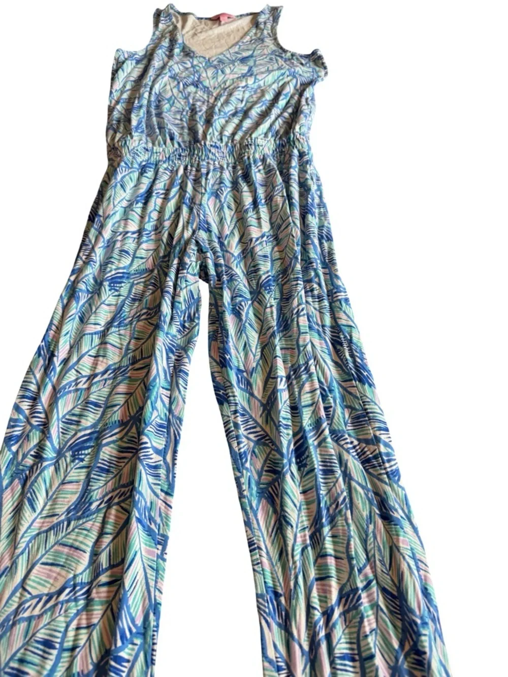 Lilly Pulitzer Paulina Jumpsuit Blue Lets Mango Leaf Stretch Tank Top Size XS